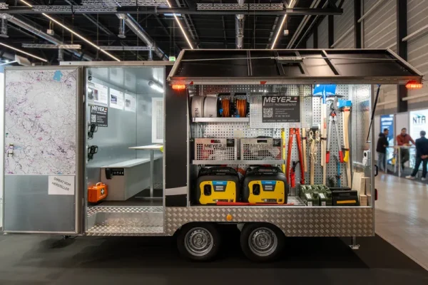 Ein mobiler Geräteanhänger mit offenen Seiten zeigt Hochwasserschutz-Equipment: Werkzeuge, Kabel, Aggregate und PSA.